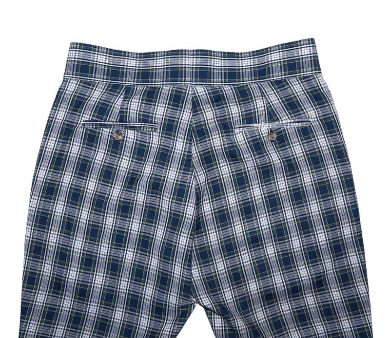 Mens Gurkha Pants Blue White Green Tartan Plaid Slim High Waist Flat Front 34