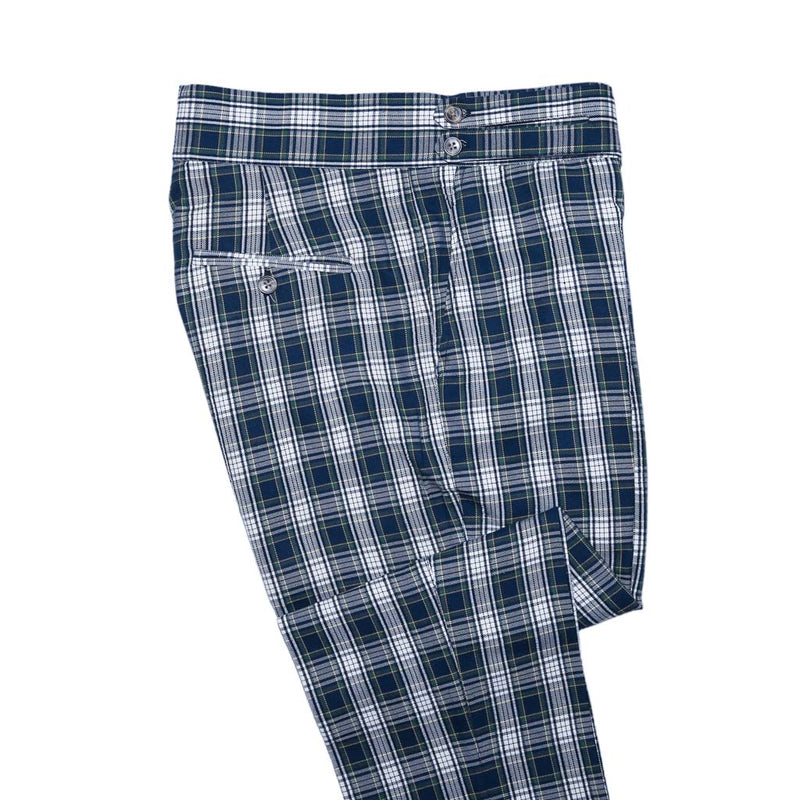Mens Gurkha Pants Blue White Green Tartan Plaid Slim High Waist Flat Front 34