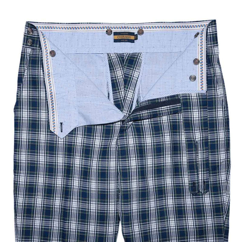 Mens Gurkha Pants Blue White Green Tartan Plaid Slim High Waist Flat Front 34