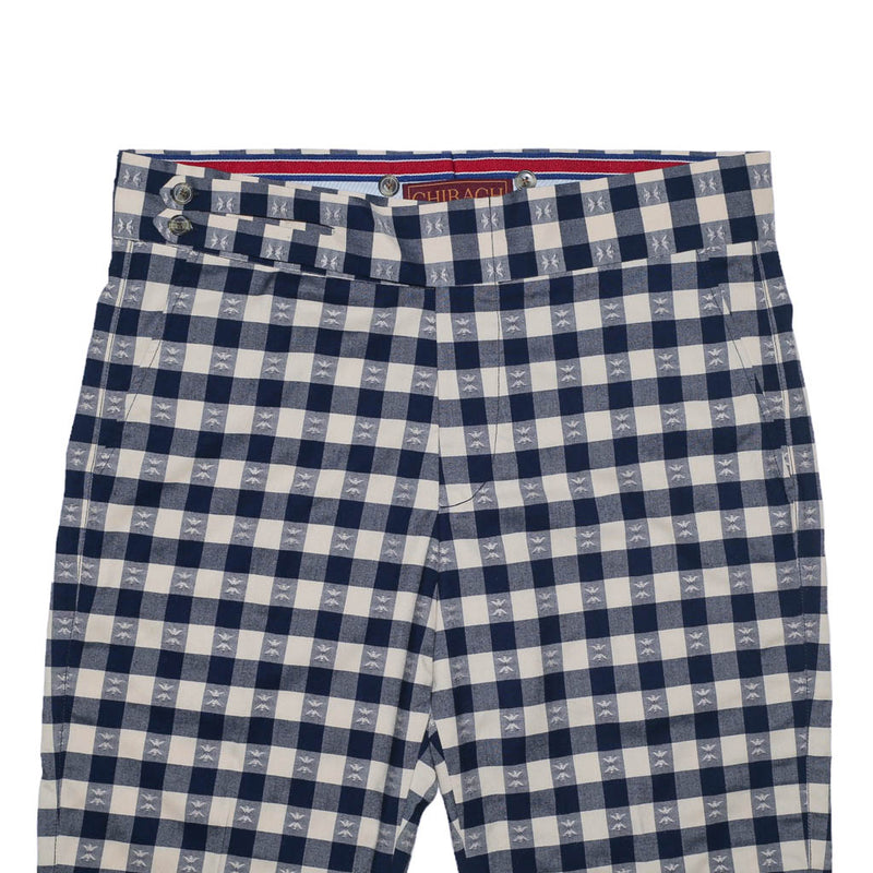 Mens Gurkha Pants Blue Beige Check Plaid Slim Straight High Waist Flat Front 34