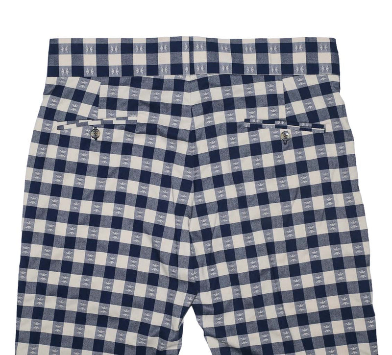 Mens Gurkha Pants Blue Beige Check Plaid Slim Straight High Waist Flat Front 34