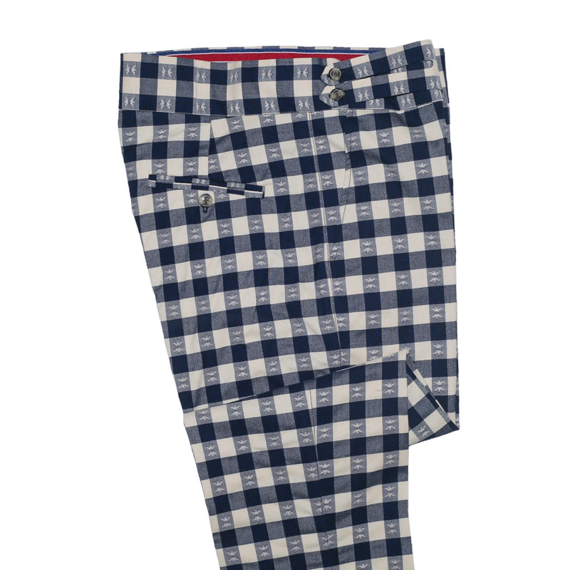 Mens Gurkha Pants Blue Beige Check Plaid Slim Straight High Waist Flat Front 34