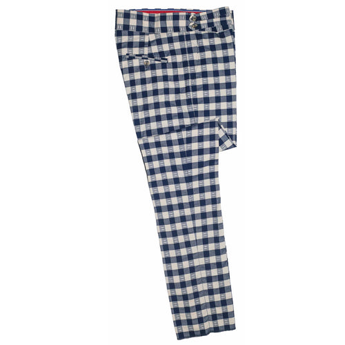 Mens Gurkha Pants Blue Beige Check Plaid Slim Straight High Waist Flat Front 34