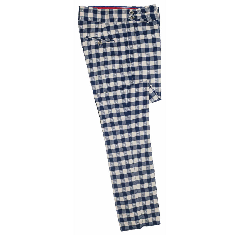 Mens Gurkha Pants Blue Beige Check Plaid Slim Straight High Waist Flat Front 34