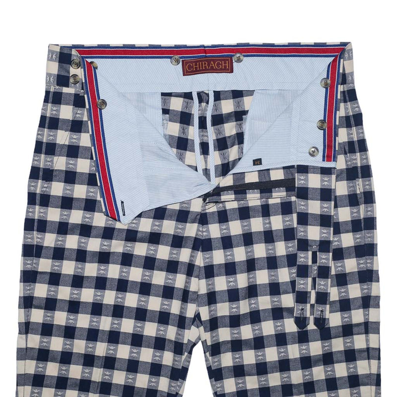 Mens Gurkha Pants Blue Beige Check Plaid Slim Straight High Waist Flat Front 34