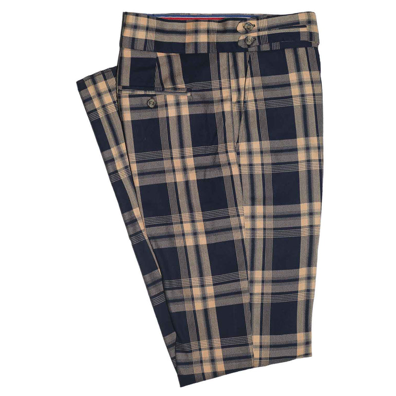 Mens Gurkha Pants Beige Navy Blue Plaid Check Wool Slim High Waist Flat Front 34