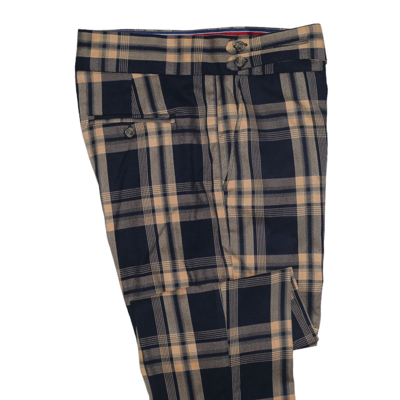 Mens Gurkha Pants Beige Navy Blue Plaid Check Wool Slim High Waist Flat Front 34