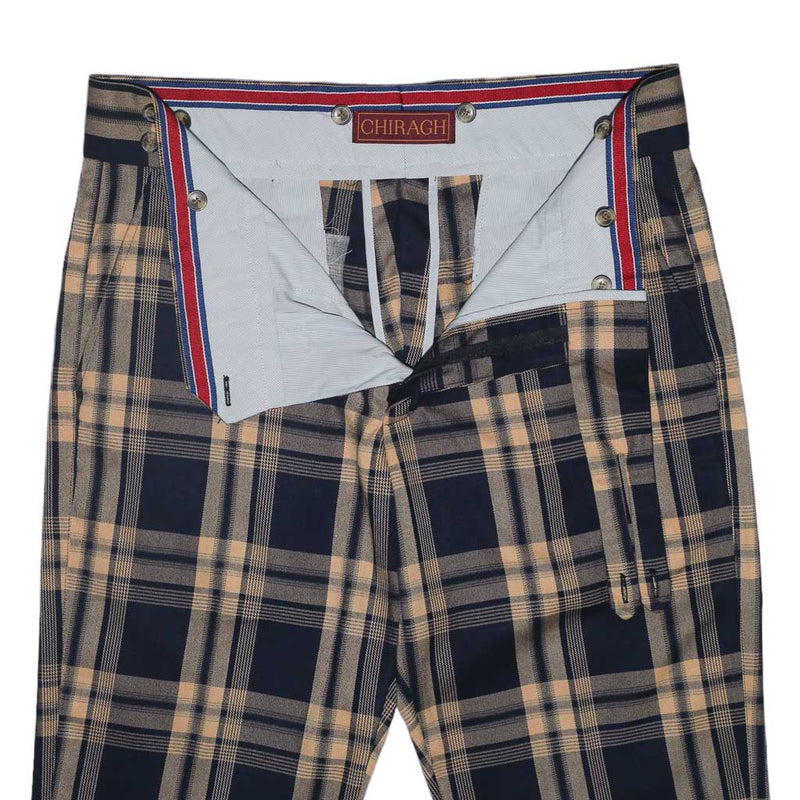 Mens Gurkha Pants Beige Navy Blue Plaid Check Wool Slim High Waist Flat Front 34