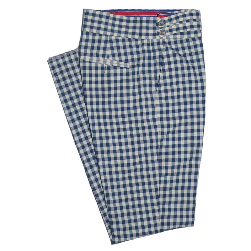 Mens Gurkha Pants Blue Check Plaid Slim High Waist Flat Front Dress Trousers 34