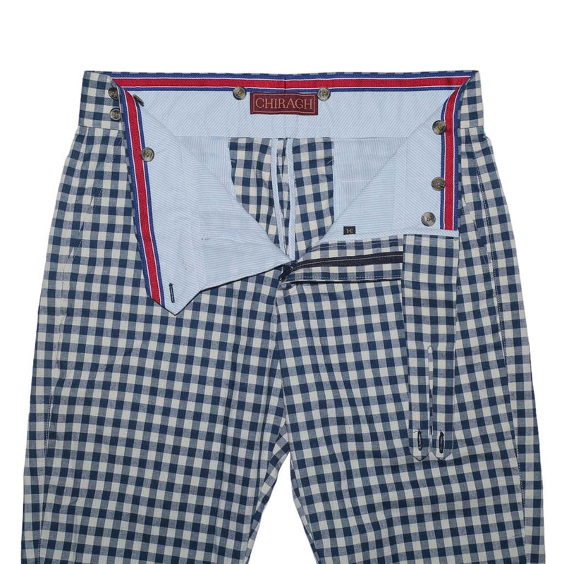 Mens Gurkha Pants Blue Check Plaid Slim High Waist Flat Front Dress Trousers 34