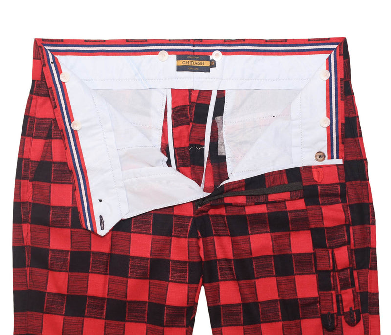 Men's Gurkha Pants Red Black Plaid Check Slim High Waist Flat Front Dress Trousers 36