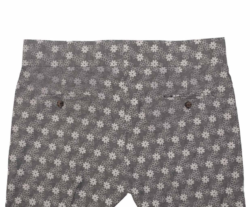 Men's Gurkha Pants Gray White Floral Slim High Waist Flat Front Dress Trousers 36