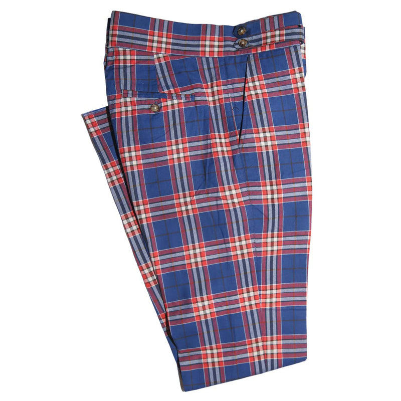 Men's Gurkha Pants Blue Red White Plaid Check Wool Slim High Waist Flat Front Dress Trousers 38