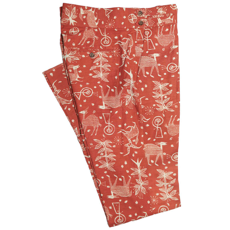 Men's Gurkha Pants Orange Floral Animal Print Slim High Waist Flat Front Dress Trousers 36