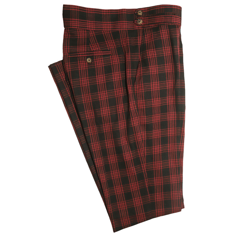 Men's Gurkha Pants Red Black Plaid Wool Slim High Waist Flat Front Dress Trousers 38
