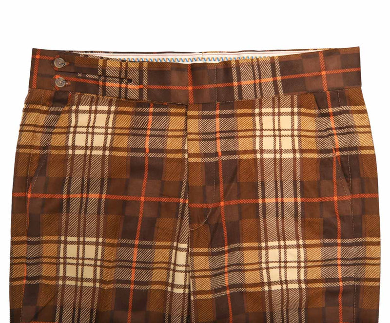 Men's Gurkha Pants Brown Beige Plaid Suede Slim High Waist Flat Front Dress Trousers 38