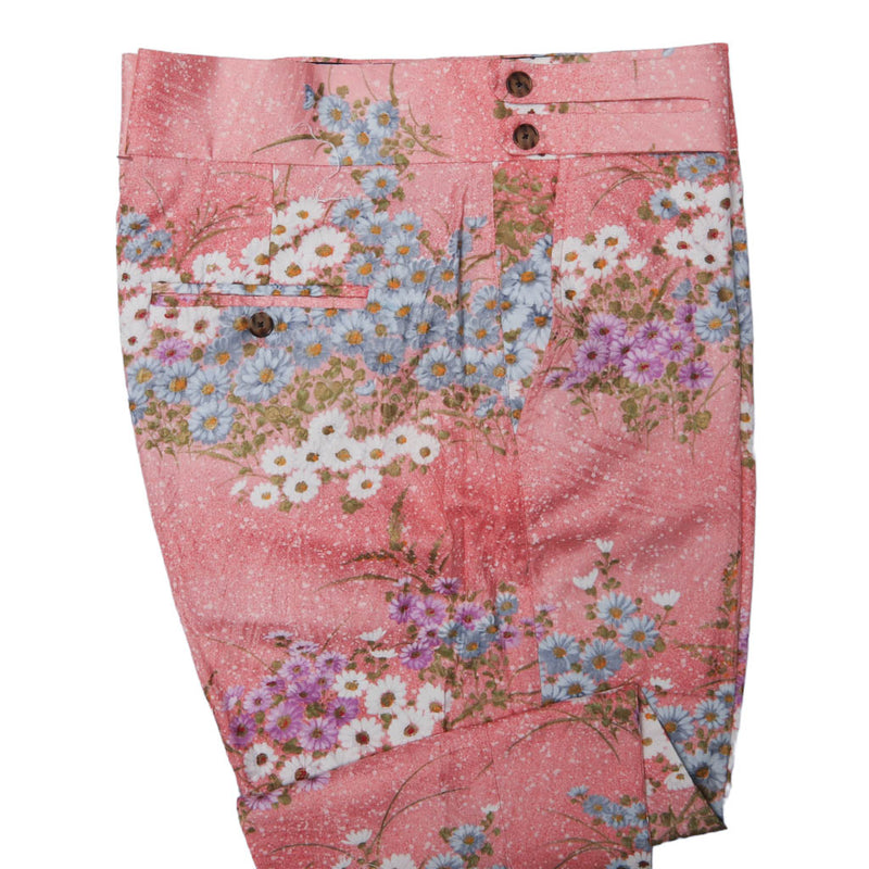 Men's Gurkha Pants Pink Blue Floral Slim High Waist Flat Front Dress Trousers 38