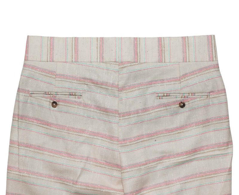 Men's Gurkha Pants Beige Pink Striped Slim High Waist Flat Front Dress Trousers 36