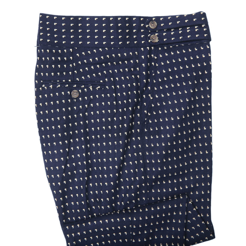 Men's Gurkha Pants Blue Geometric Wool Slim High Waist Flat Front Dress Trousers 38