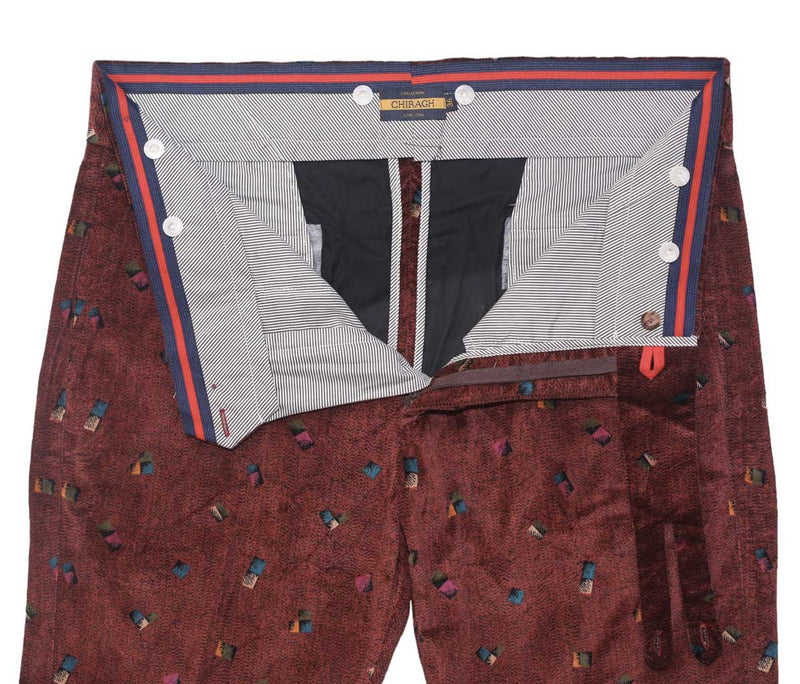Men's Gurkha Pants Red Geometric Velvet Slim High Waist Flat Front Dress Trousers 36