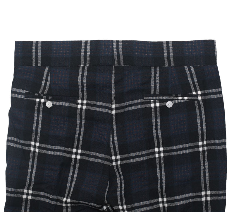 Men's Gurkha Pants Black White Blue Plaid Slim High Waist Flat Front Dress Trousers 38
