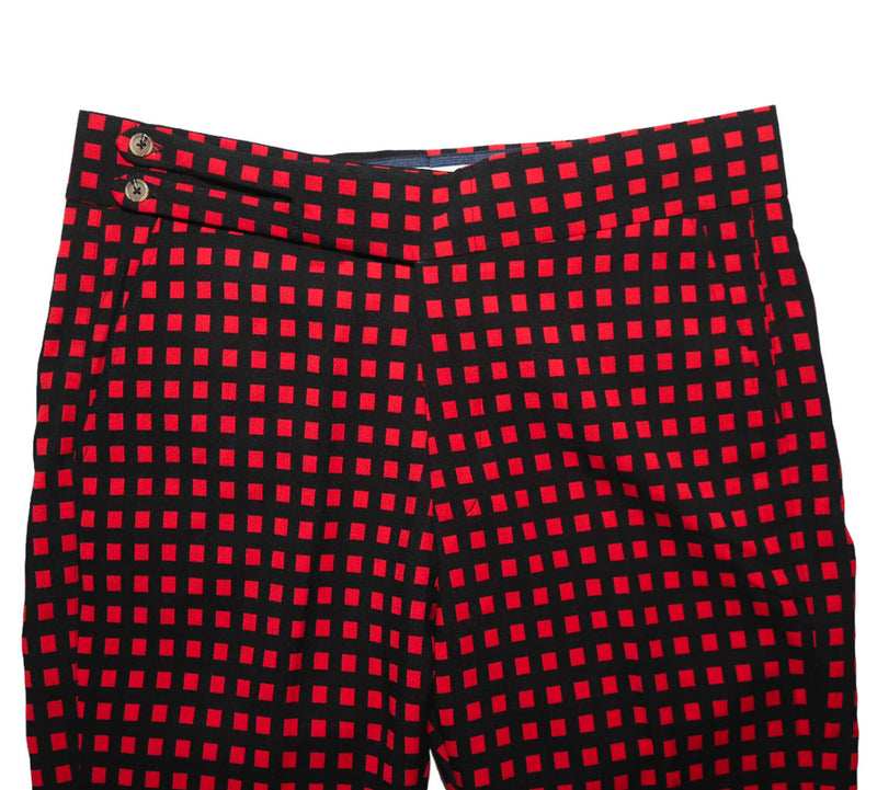 Men's Gurkha Pants Red Black Check Plaid Slim High Waist Flat Front Dress Trousers 38