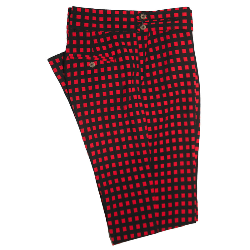 Men's Gurkha Pants Red Black Check Plaid Slim High Waist Flat Front Dress Trousers 38