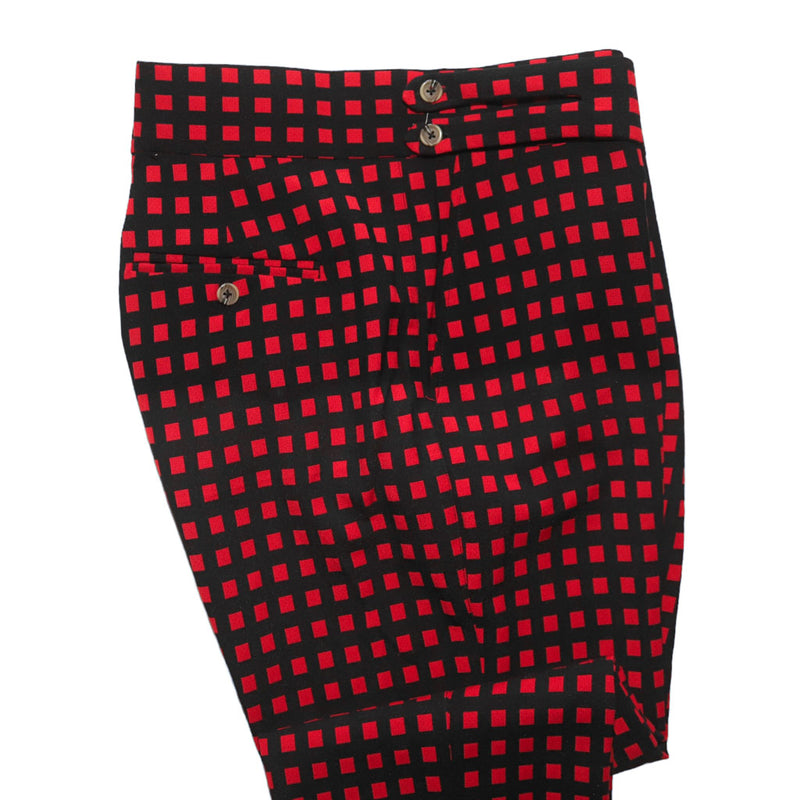 Men's Gurkha Pants Red Black Check Plaid Slim High Waist Flat Front Dress Trousers 38