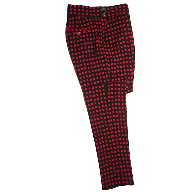 Men's Gurkha Pants Red Black Check Plaid Slim High Waist Flat Front Dress Trousers 38