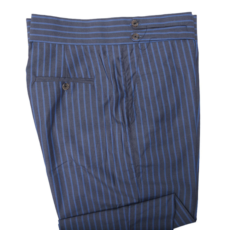 Men's Gurkha Pants Blue Striped Cotton Slim High Waist Flat Front Dress Trousers 38