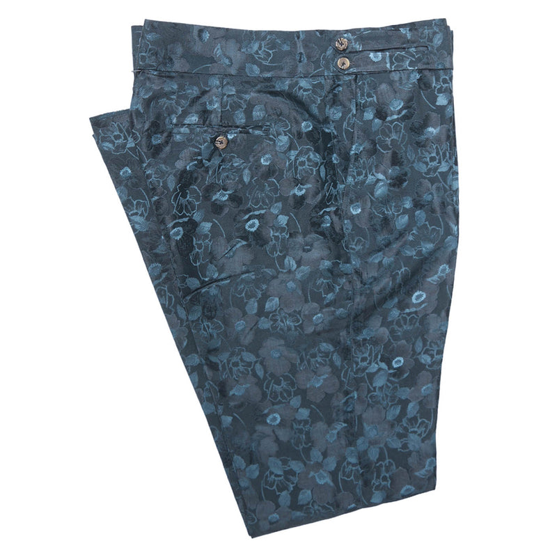 Men's Gurkha Pants Blue Floral Silk Slim High Waist Flat Front Dress Trousers 38