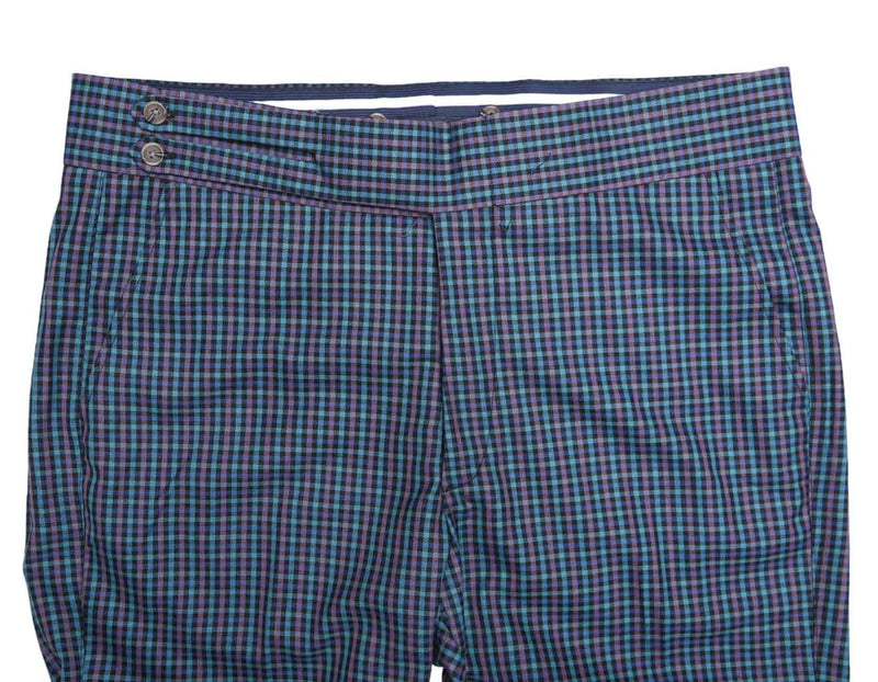 Men's Gurkha Pants Blue Green Pink Plaid Check Slim High Waist Flat Front Dress Trousers 38