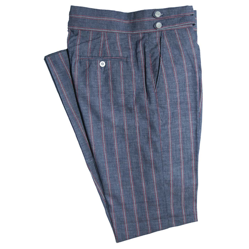 Men's Gurkha Pants Blue Red Striped Cotton Slim High Waist Flat Front Dress Trousers 36
