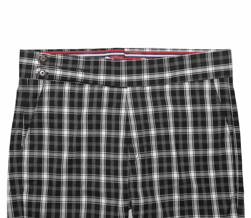 Men's Gurkha Pants Black White Plaid Wool Slim High Waist Flat Front Dress Trousers 36