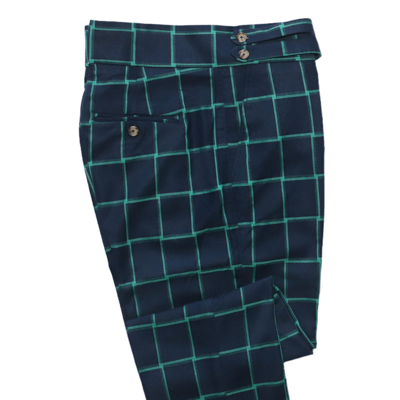 Men's Gurkha Pants Blue Green Check Abstract Wool Slim High Waist Flat Front Dress Trousers 36