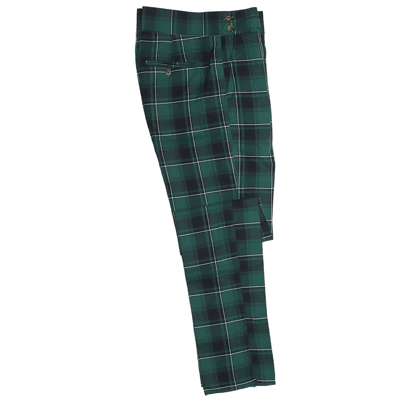 Men's Gurkha Pants Green Black White Plaid Check Slim High Waist Flat Front Dress Trousers 36