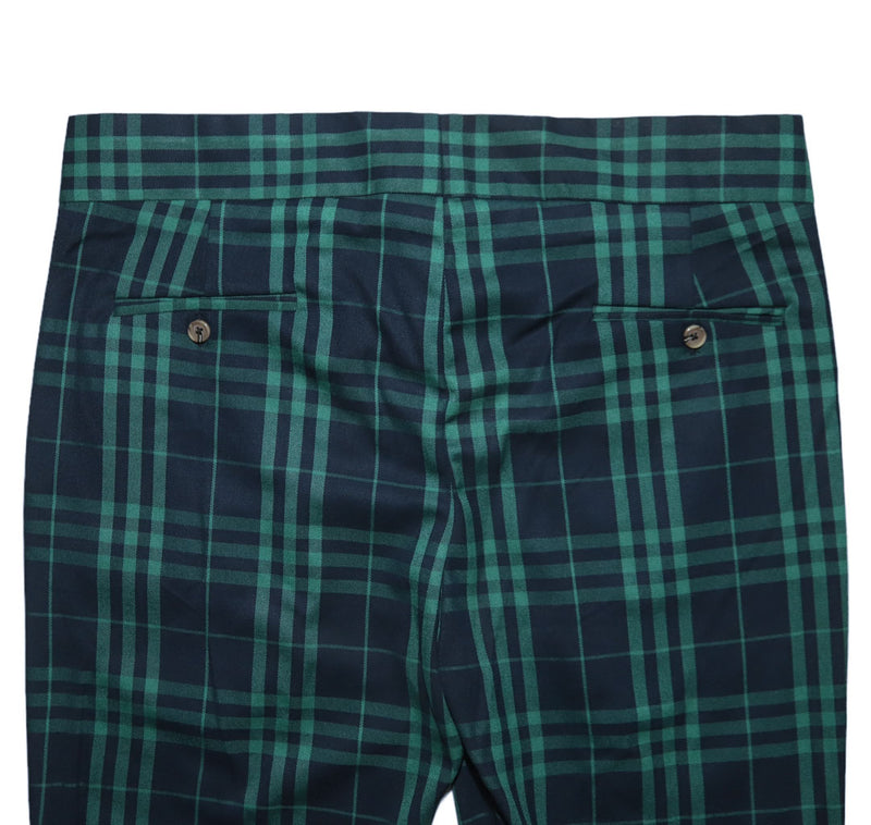 Men's Gurkha Pants Green Blue Plaid Slim High Waist Flat Front Dress Trousers 38