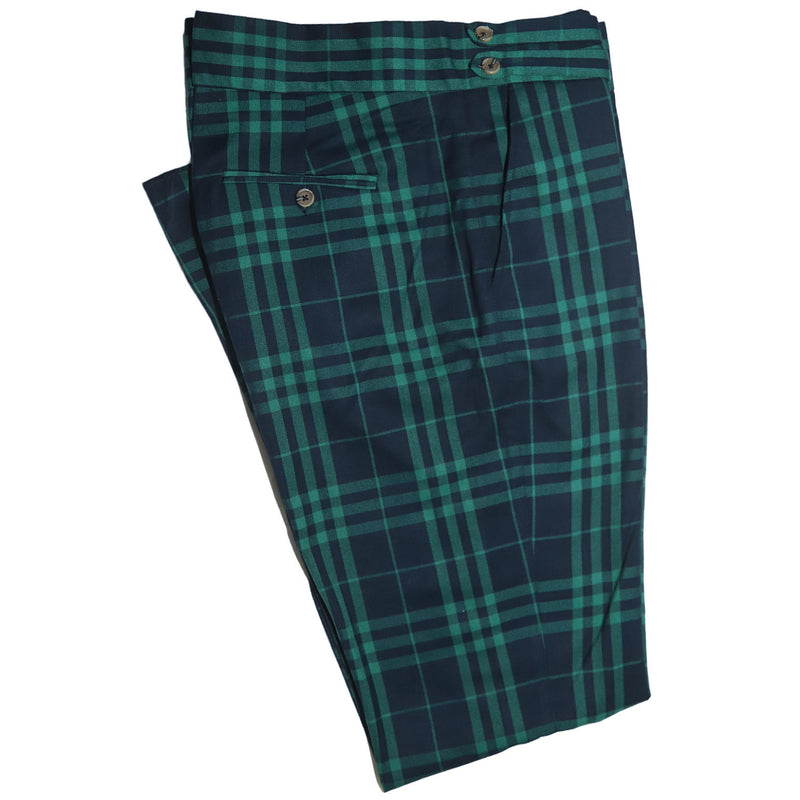 Men's Gurkha Pants Green Blue Plaid Slim High Waist Flat Front Dress Trousers 38