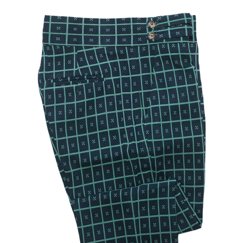 Men's Gurkha Pants Blue Green Check Geometric Wool Slim High Waist Flat Front Dress Trousers 36