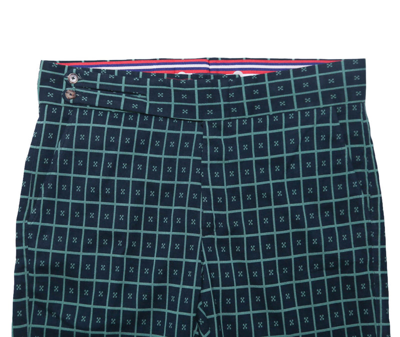 Men's Gurkha Pants Blue Green Check Geometric Wool Slim High Waist Flat Front Dress Trousers 36