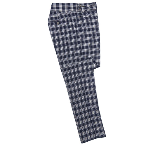 Men's Gurkha Pants Blue White Plaid Check Slim High Waist Flat Front Dress Trousers 38