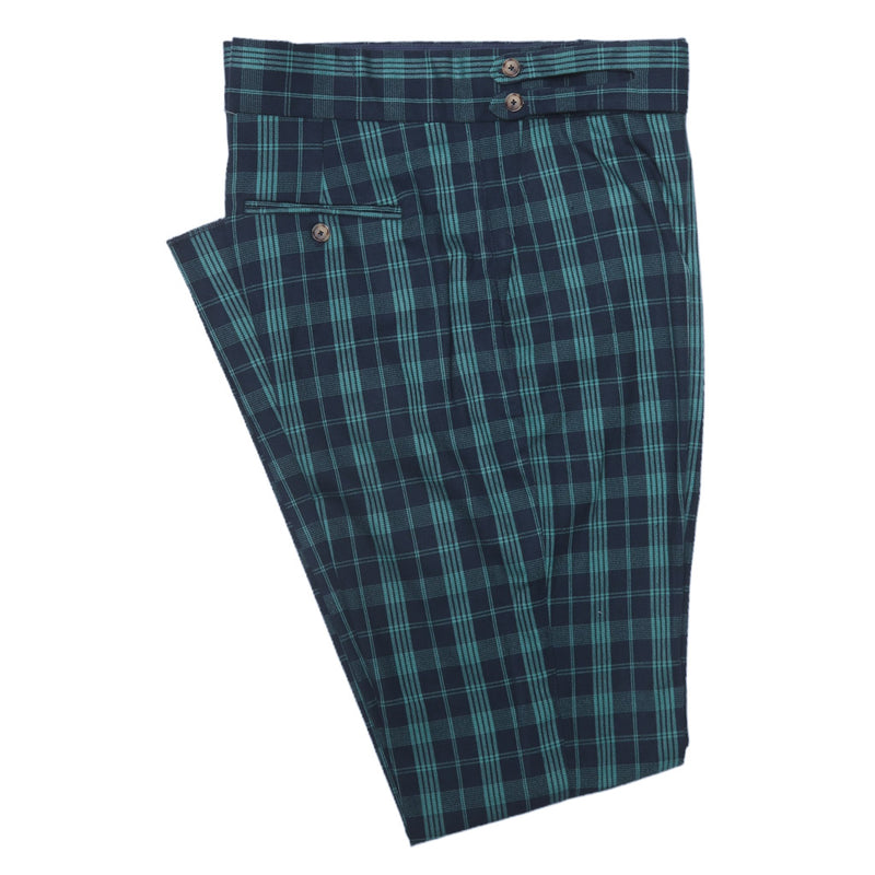Men's Gurkha Pants Blue Green Check Wool Slim High Waist Flat Front Dress Trousers 38