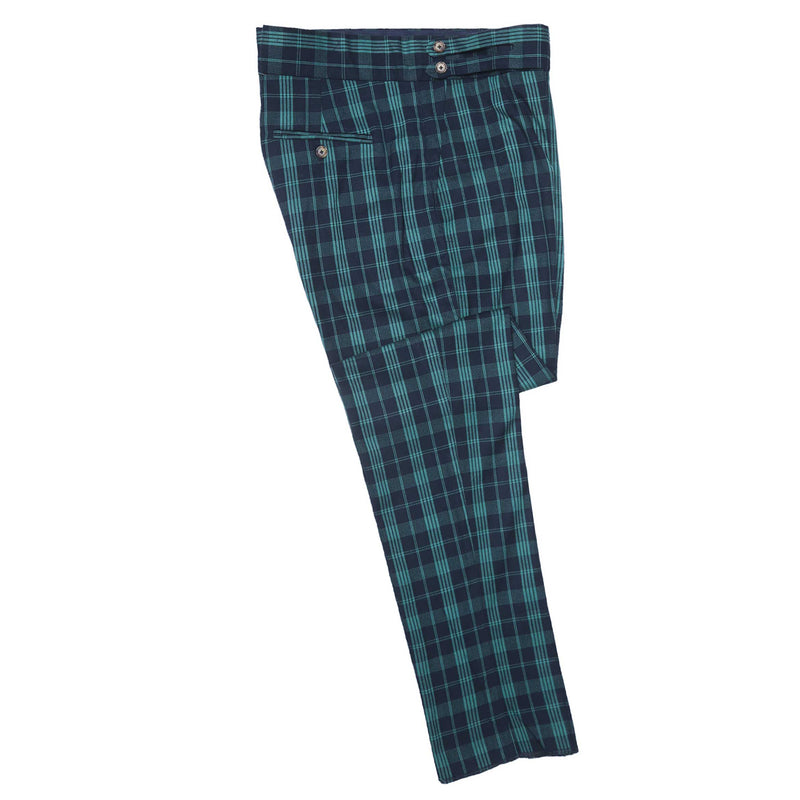 Men's Gurkha Pants Blue Green Check Wool Slim High Waist Flat Front Dress Trousers 38