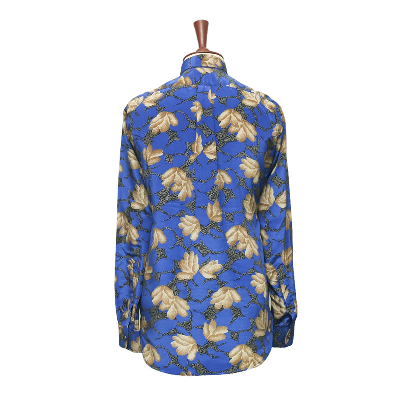 Mens Silk Shirt Button Up Blue Beige Floral Long Sleeve Collared Dress Casual Summer Tropical Hawaiian Beach Handmade Designer Medium