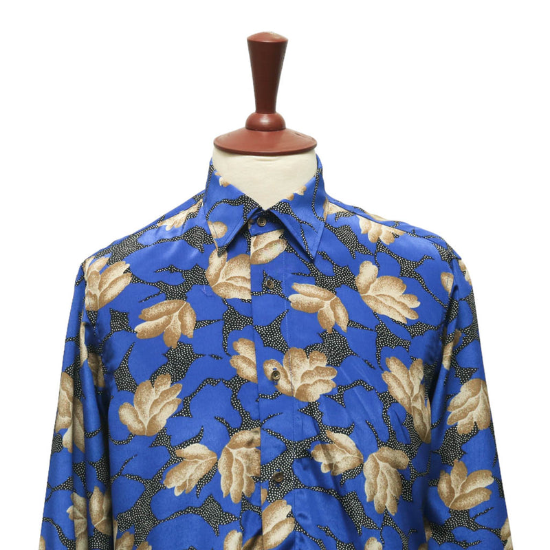 Mens Silk Shirt Button Up Blue Beige Floral Long Sleeve Collared Dress Casual Summer Tropical Hawaiian Beach Handmade Designer Medium