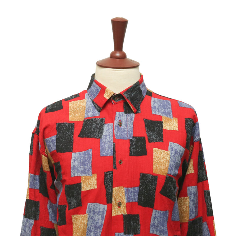 Mens Shirt Button Up Red Blue Black Abstract Long Sleeve Collared Dress Casual Summer Tropical Hawaiian Beach Handmade Designer XL