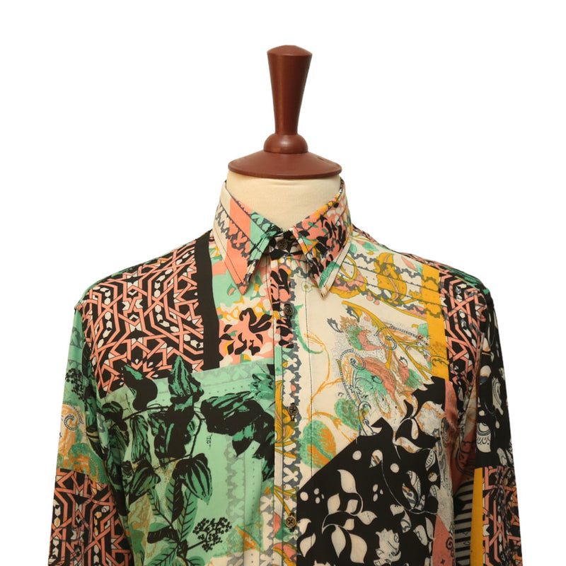 Mens Silky Shirt Button Up Multicolor Abstract Floral Long Sleeve Collared Dress Casual Summer Tropical Hawaiian Beach Handmade Designer Medium