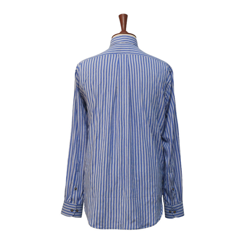 Mens Silky Shirt Button Up Blue White Striped Long Sleeve Collared Dress Casual Summer Tropical Hawaiian Beach Handmade Designer Medium