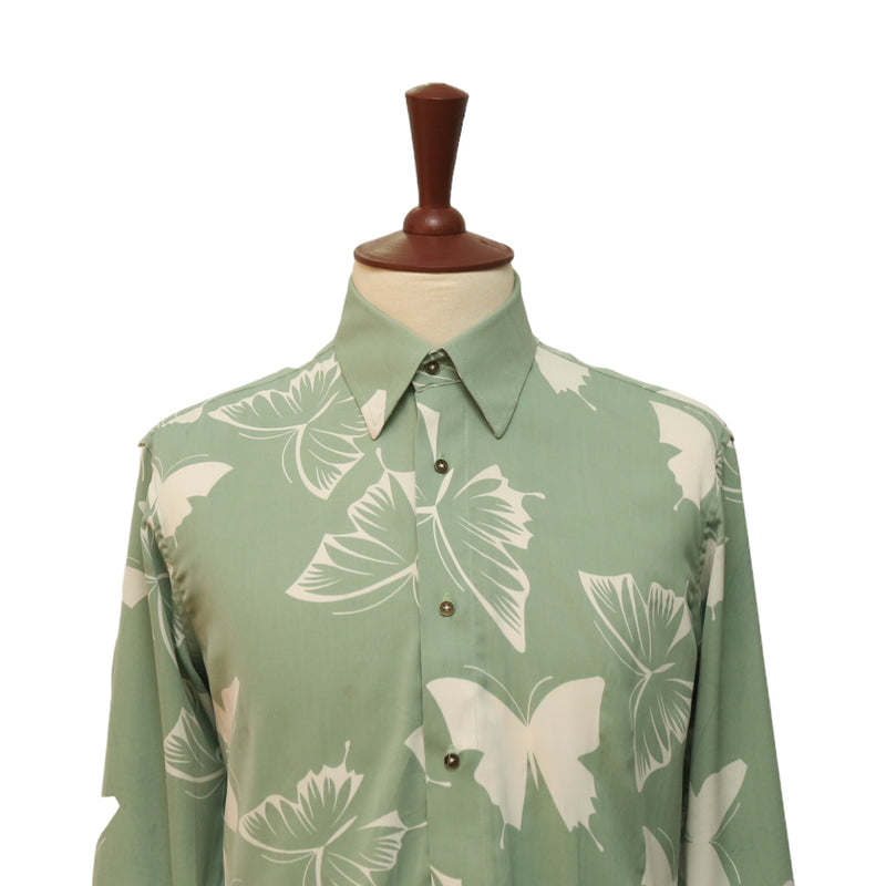Mens Silky Shirt Button Up Green Beige Floral Long Sleeve Collared Dress Casual Summer Tropical Hawaiian Beach Handmade Designer Medium