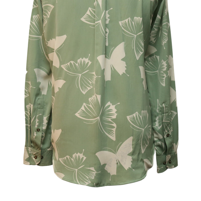 Mens Silky Shirt Button Up Green Beige Floral Long Sleeve Collared Dress Casual Summer Tropical Hawaiian Beach Handmade Designer Medium